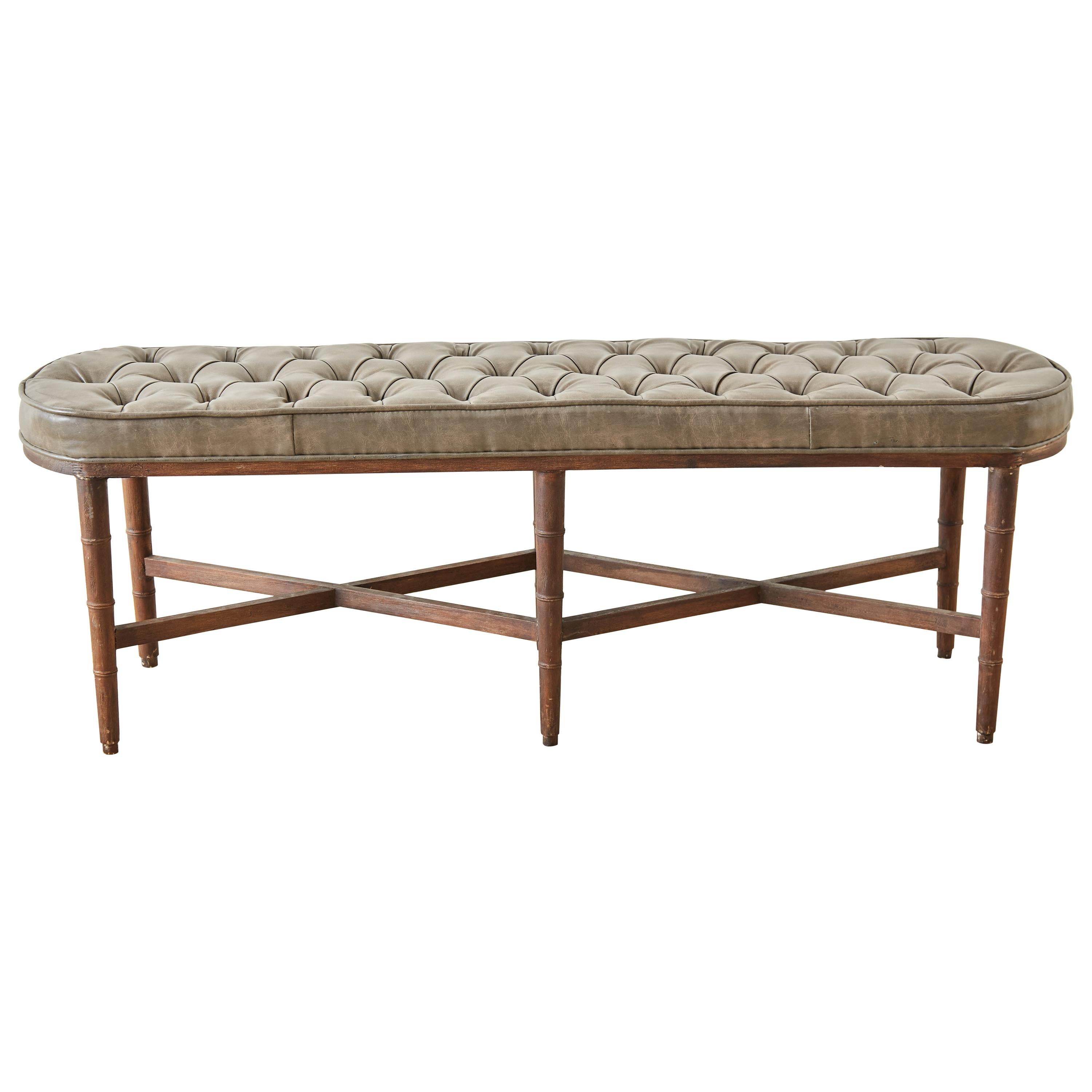 Midcentury Regency Style Faux Bamboo Tufted Bench