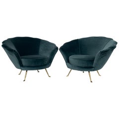Pair of Scalloped Back Lounge Chairs with Brass Legs