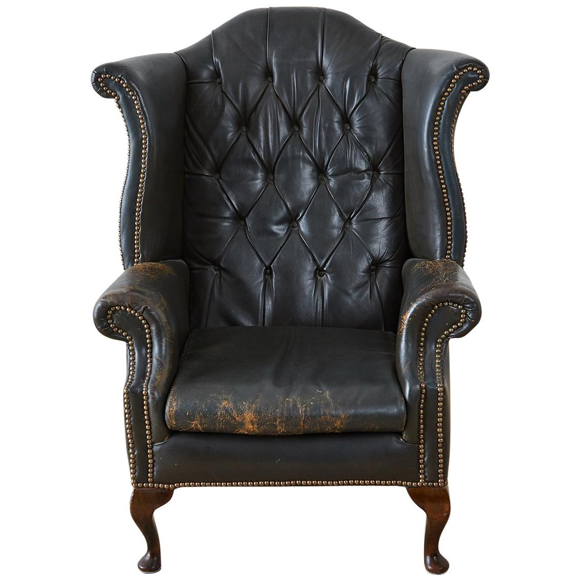 English Chesterfield Tufted Leather Wingback Library Chair