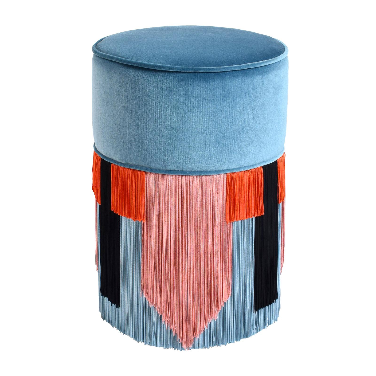 Couture Light Blue Pouf with Geometric Fringe by Lorenza Bozzoli Design For Sale