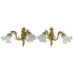 Pair of French Rococo Style Bronze and Frosted Glass Sconces Wall Lamps