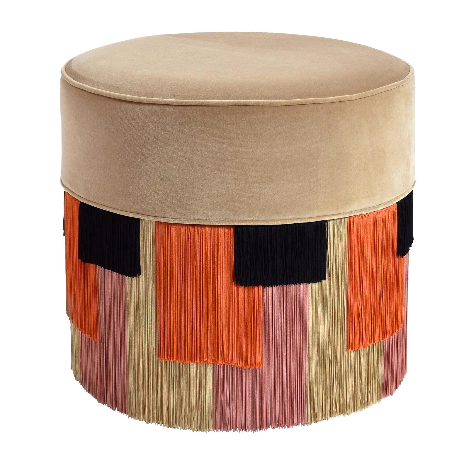Couture Beige Pouf with Geometric Fringe by Lorenza Bozzoli Design