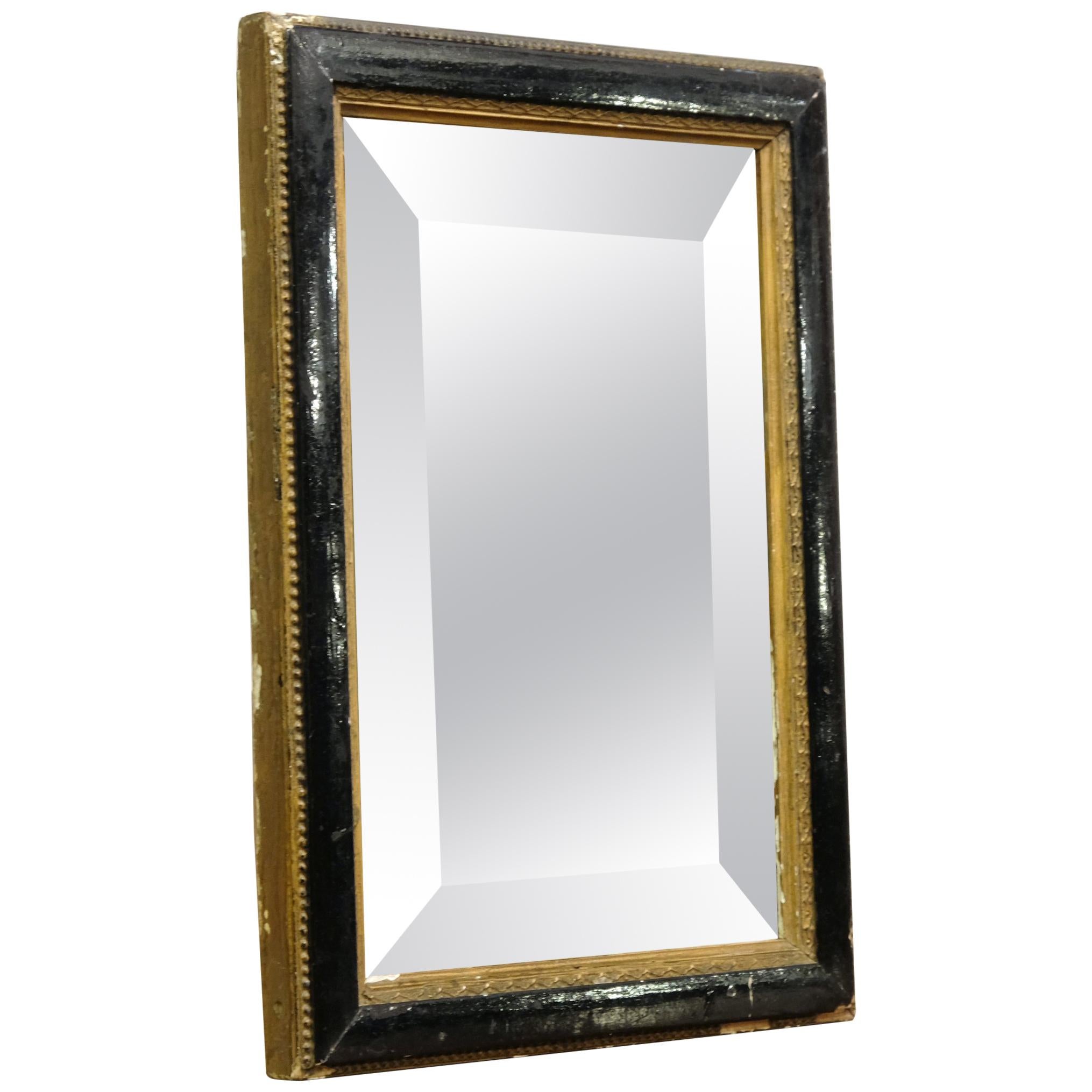 Ebonized and Gilt Framed French Double Bevelled Small Mirror, Late 19th Century