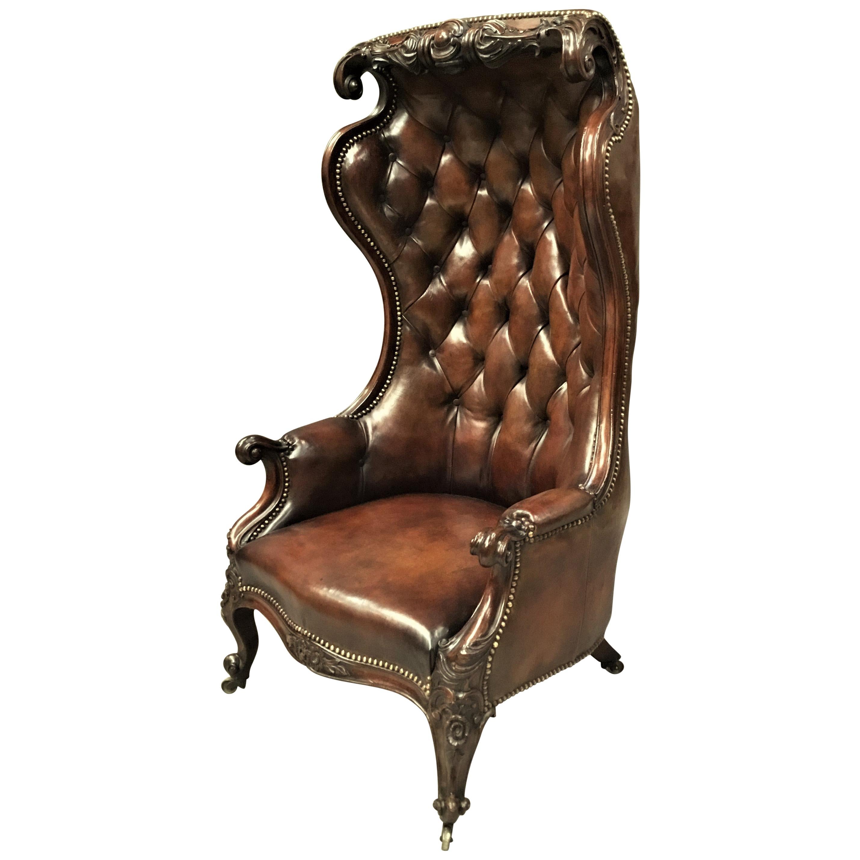 Victorian Mahogany and Leather Hall Porters Chair / Wing Chair For Sale