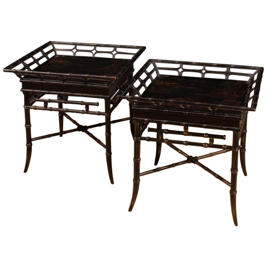 20th Century Black Lacquered Chinoiserie Wood, Metal French Coffee Tables, 1970