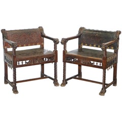 Pair of Italian Walnut Armchairs Lion Heads Hairy Paw Feet Leather, circa 1840