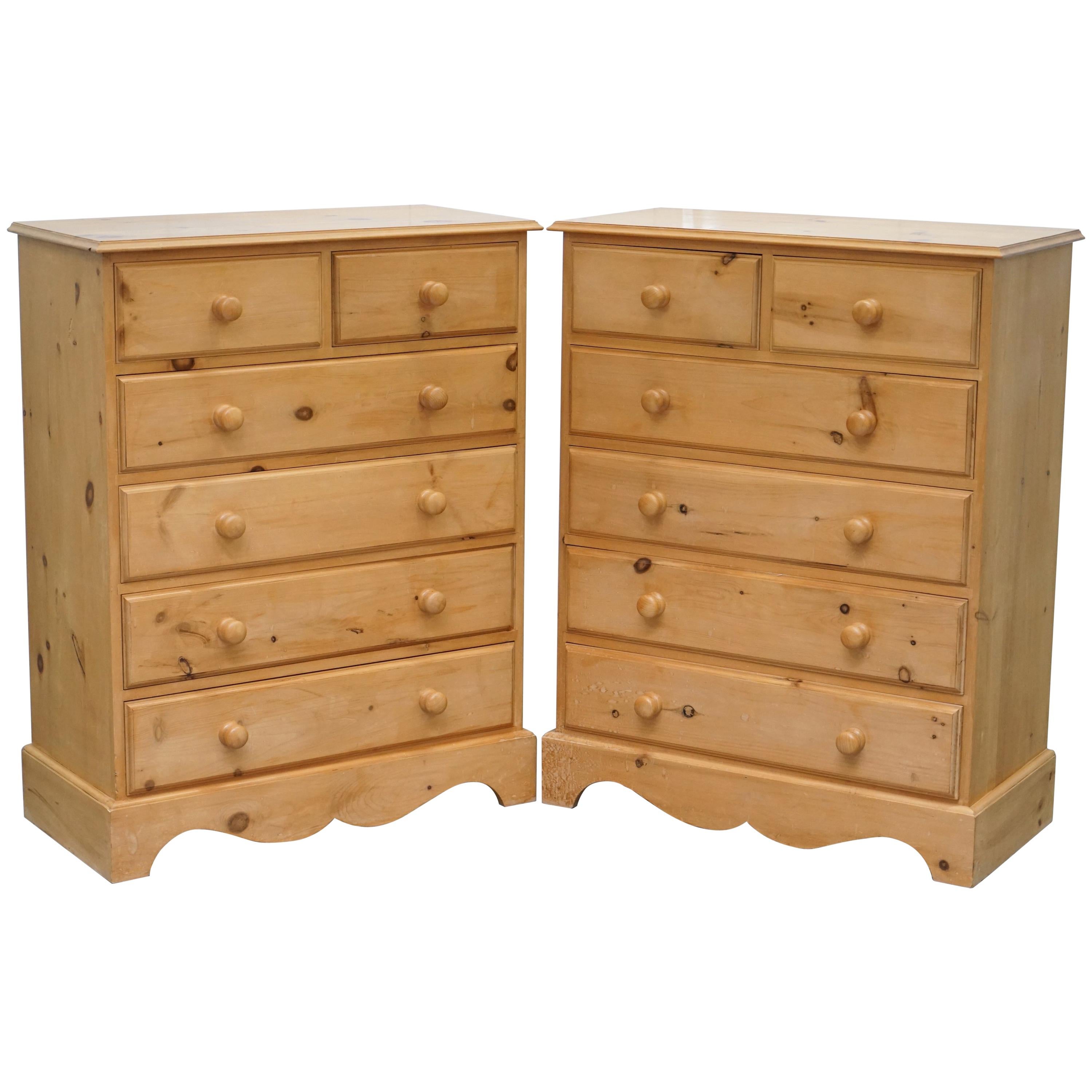 Lovely Matching Pair of 115cm Tall Solid Pine 6 Drawer Tall Chests of Drawers 