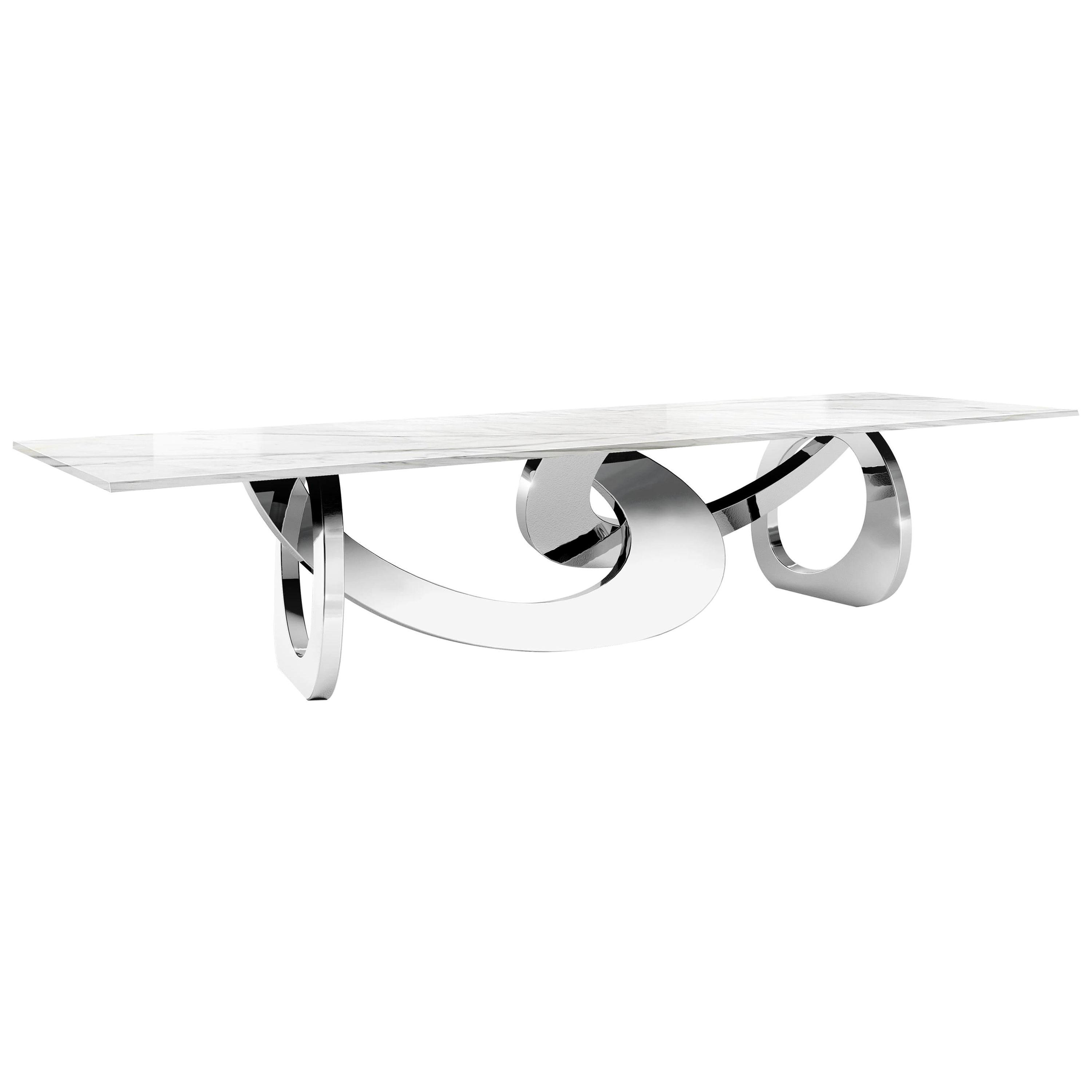 Rechteckiger Esstisch mit weißer Marmorplatte und Spiegelsockel aus Stahl, maßgefertigtes Design, Italien im Angebot
