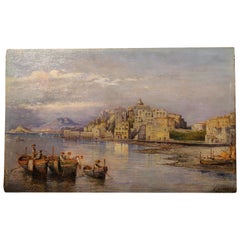 Carelli Siglo XIX Pintura italiana rectangular al óleo sobre tabla Paisaje marino