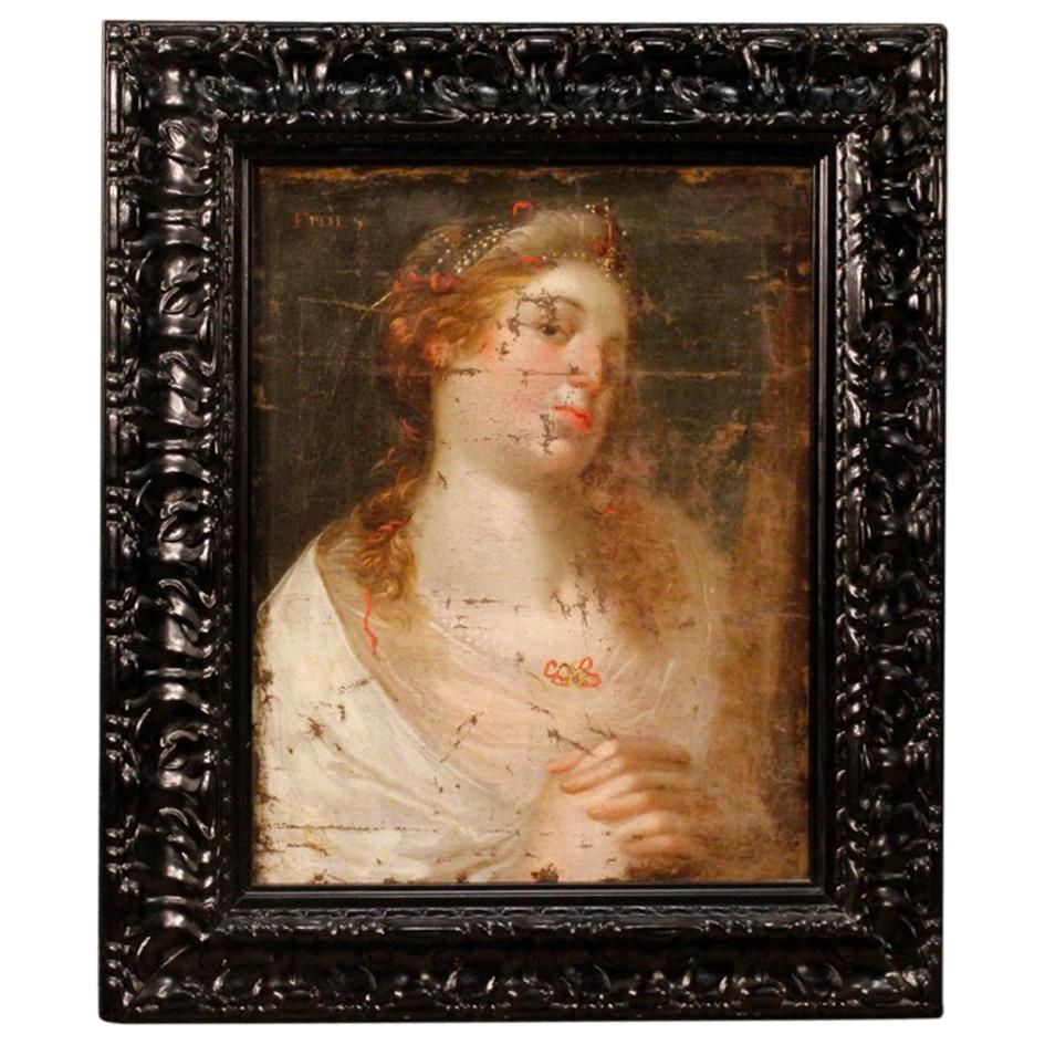 18th Century Oil on Canvas Antique Italian Painting Female Character, 1780
