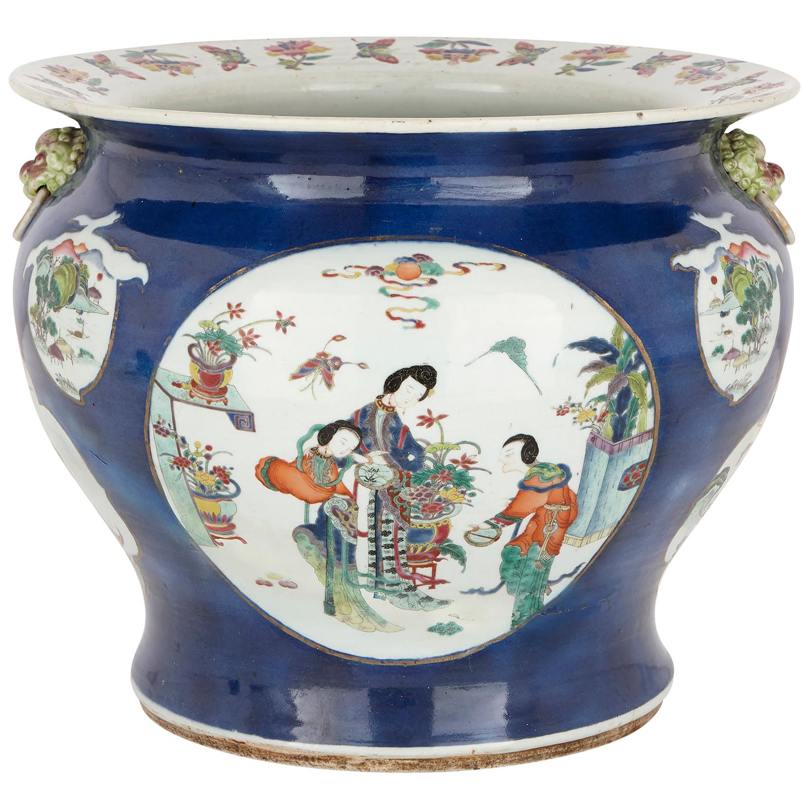 Antique Chinese Blue Parcel Gilt Porcelain Jardinière Vase
