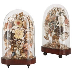 Two Victorian Shell Flower Arrangements in Glass Cases