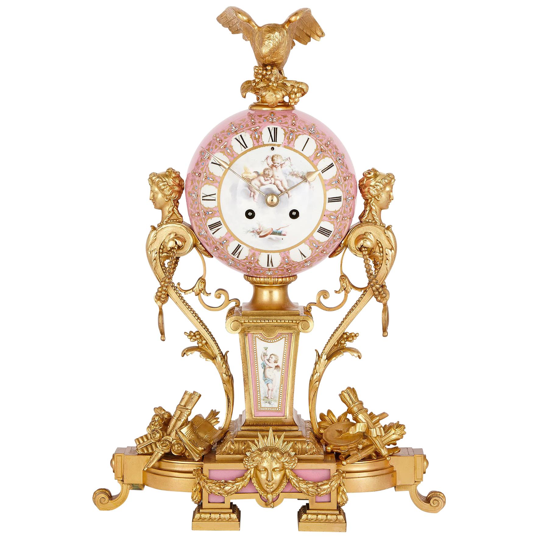 Antique Sèvres Style Gilt Bronze Mounted Pink Porcelain Clock by Le Roy Et Fils 