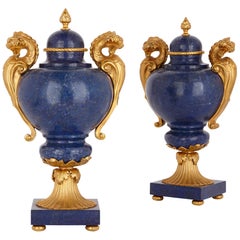 Two Neoclassical Style Lapis Lazuli and Gilt Bronze Vases