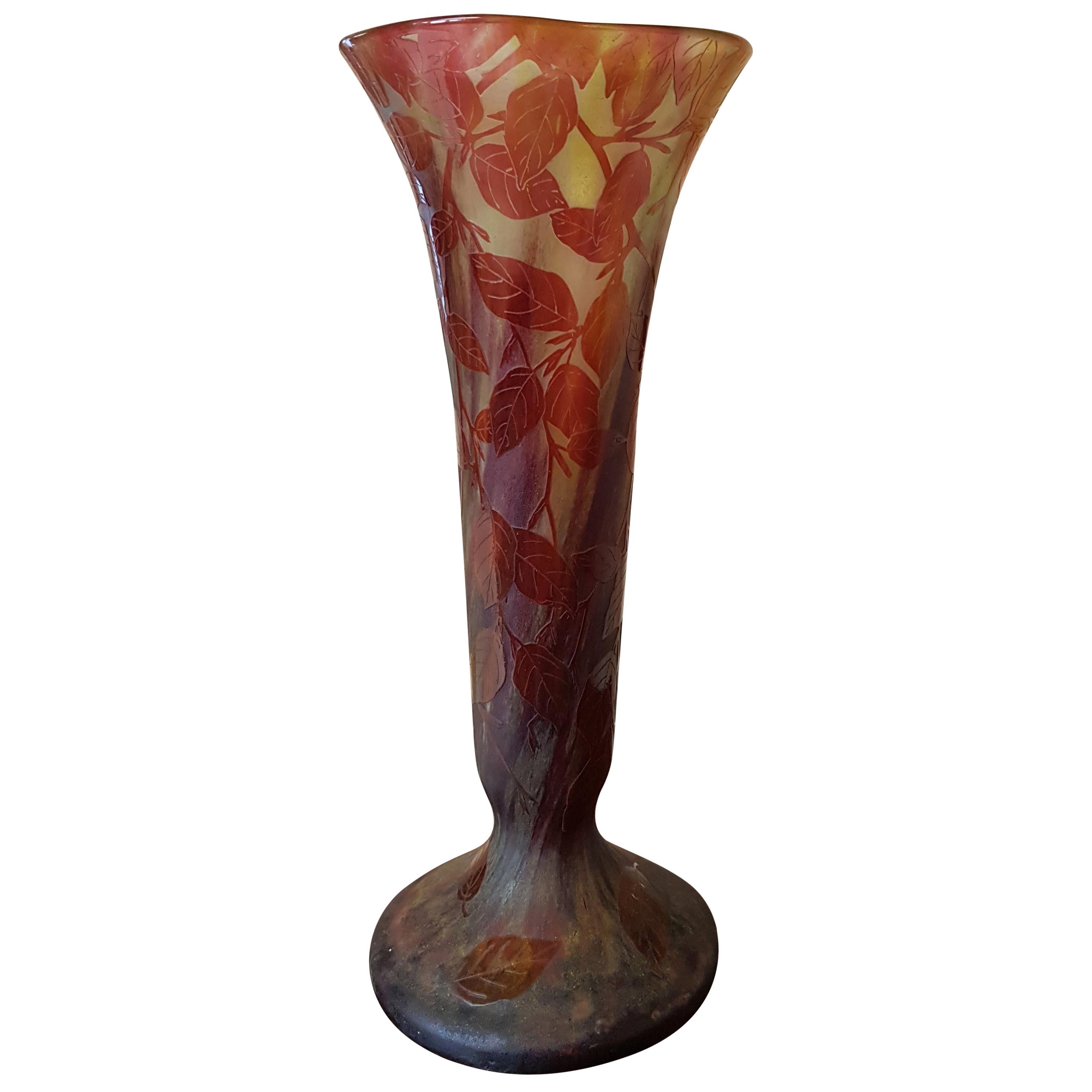 Daum Art Nouveau France Vegetable Decoration Conic and Glass Vase, 1900s