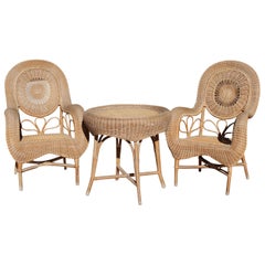 1970s Spanish Set of Two Top Quality Wicker Armchairs and Matching Table