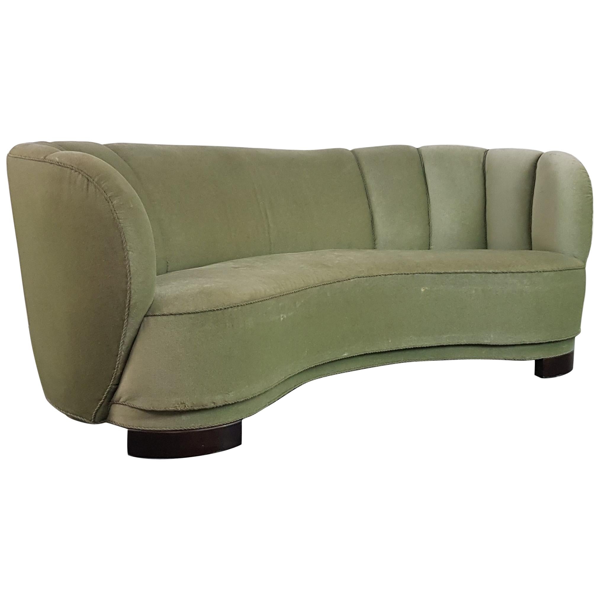 Vintage 1930s-1940s Danish Banana Sofa with Original Green Velvet Upholstery For Sale