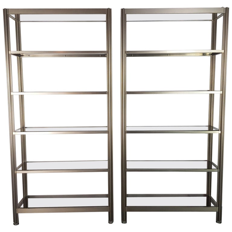 Pair of 1960s-1970s Aluminium and Smoked Glass Shelving Units by George ...
