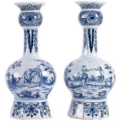 Antique Sign WK, Dutch Early 18th Century, Delft Faience Pair of Gourd-Shaped Vases