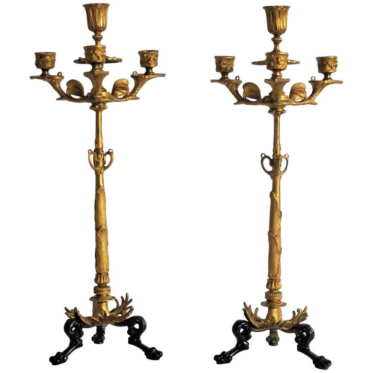 19th Century Pair of French Empire Gilt Bronze Four-Light Candelabra 1