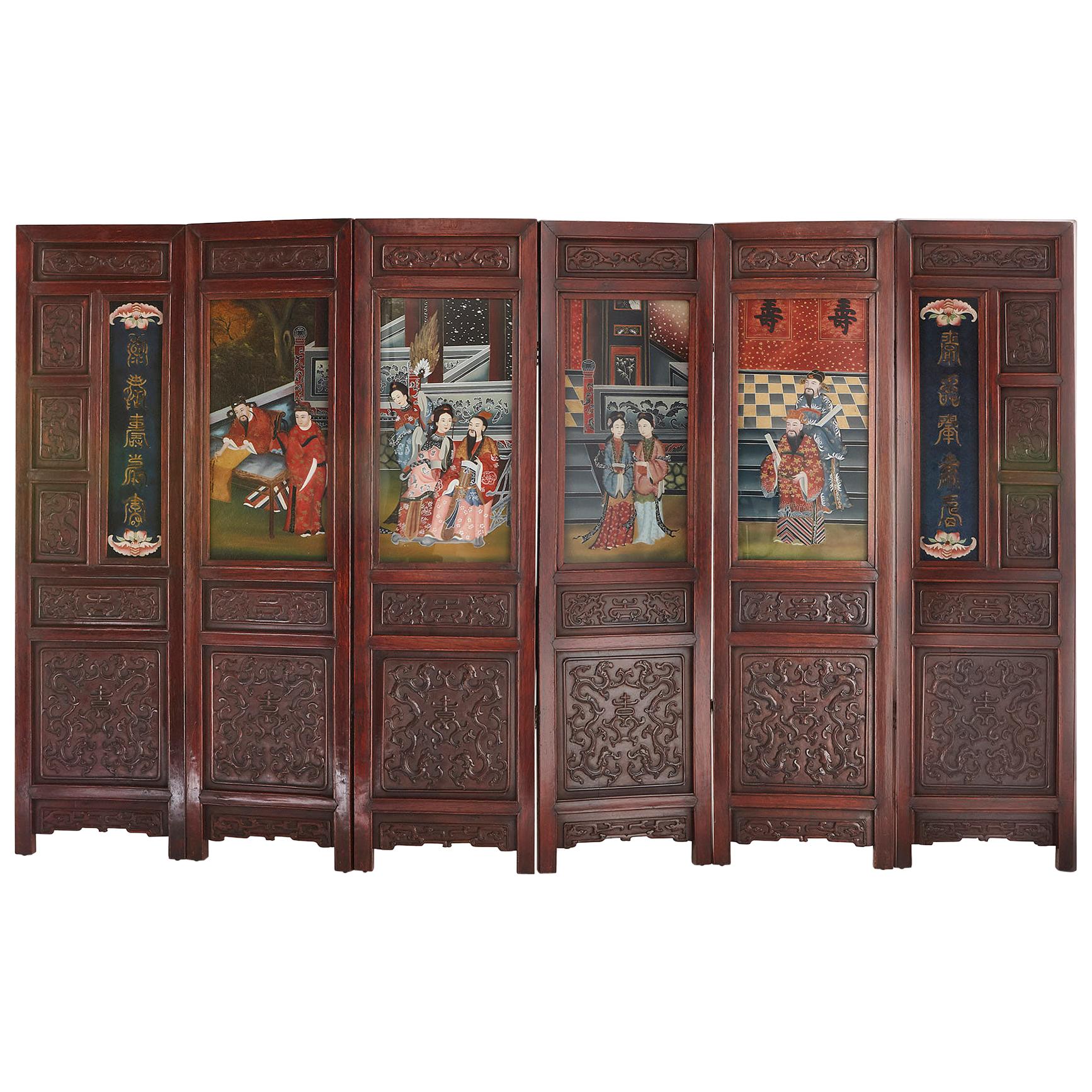 Chinese Wooden Screen with Reverse Glass Painted Panels