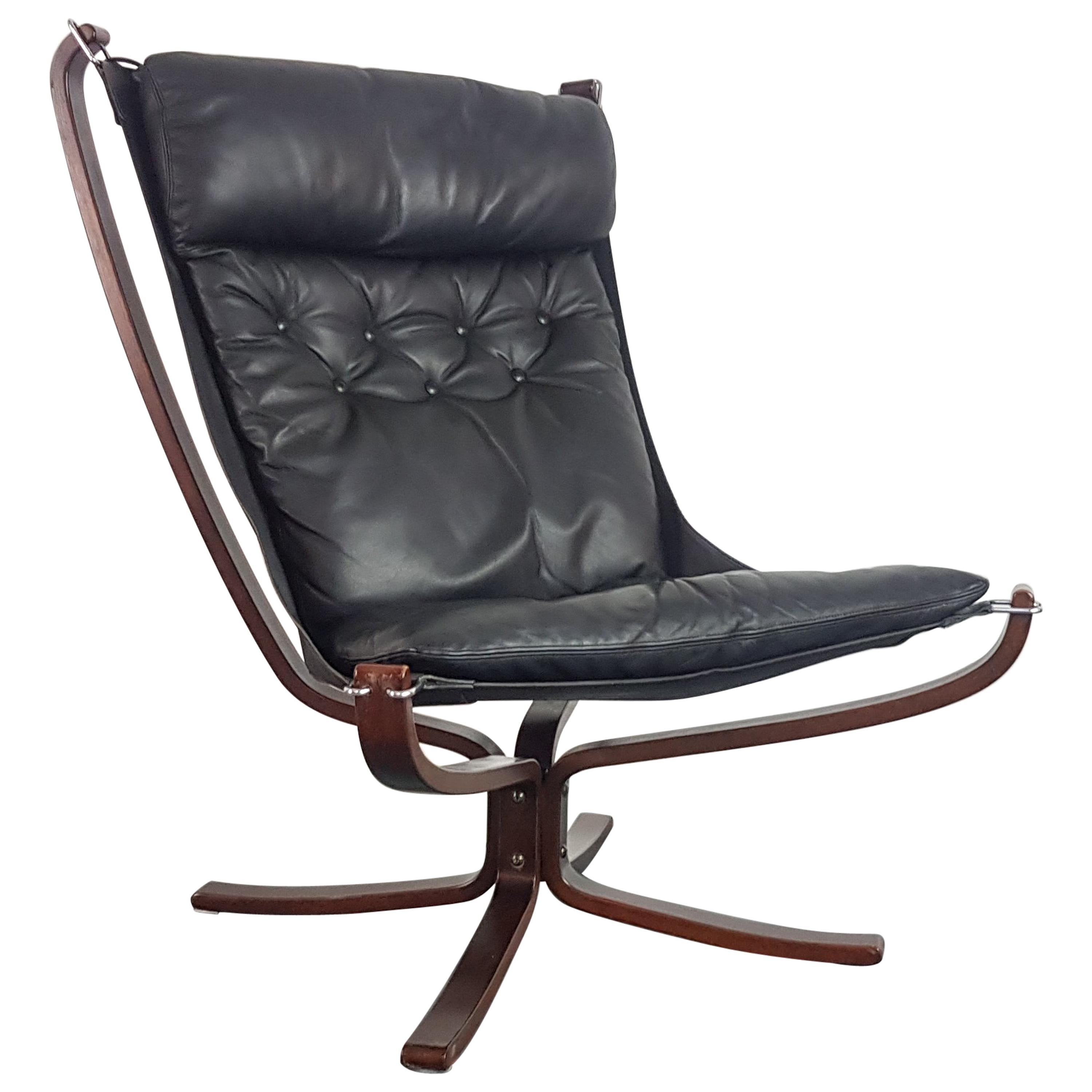 Vintage 1970s High Back Black Leather Falcon Chair Designed by Sigurd Resell