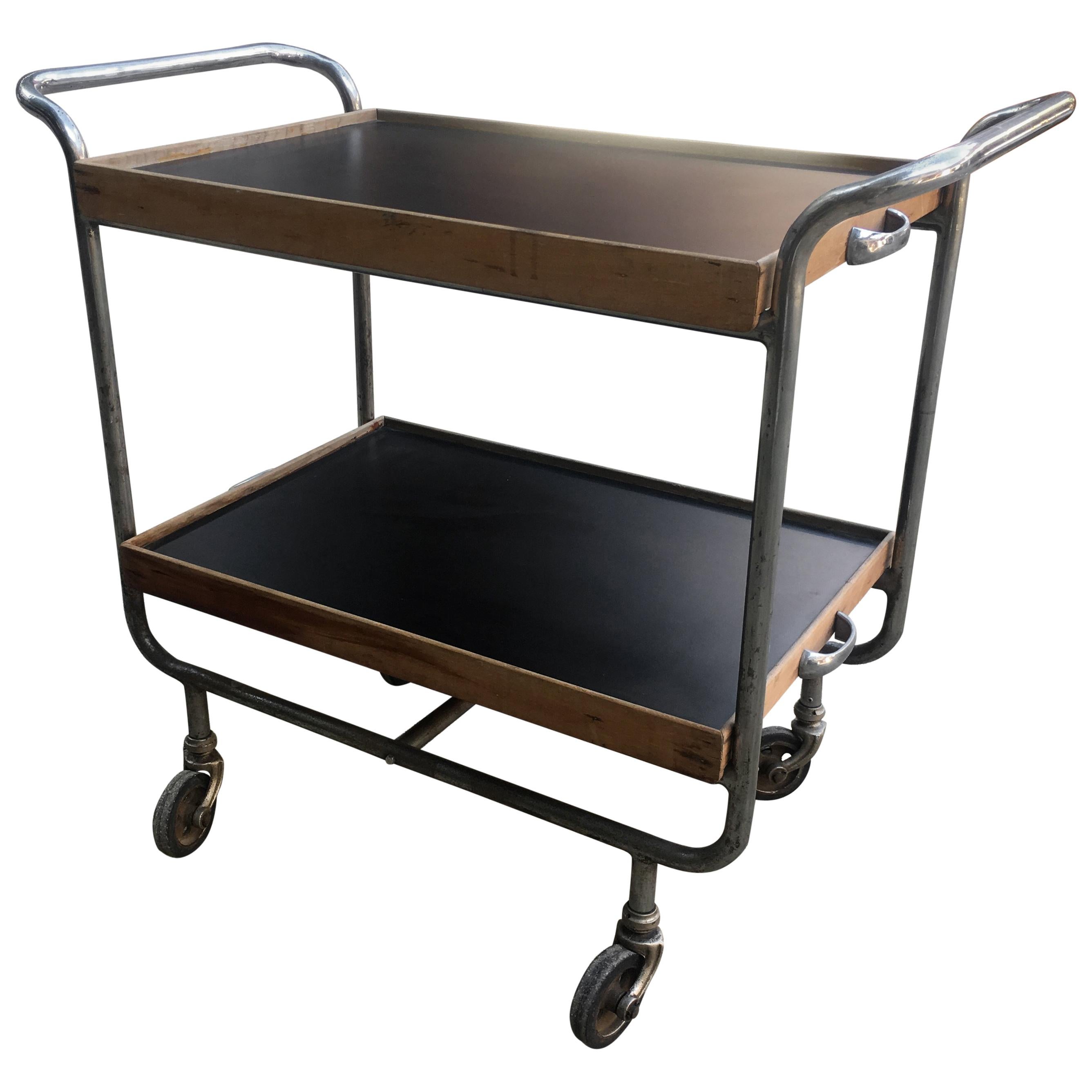 Mid-Century Modern Italian Chrome Bart Cart with Wooden Shelves, 1960s