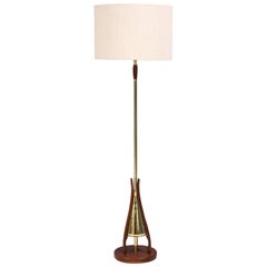 Midcentury Floor Lamp with Sculpted Walnut Base and Brass