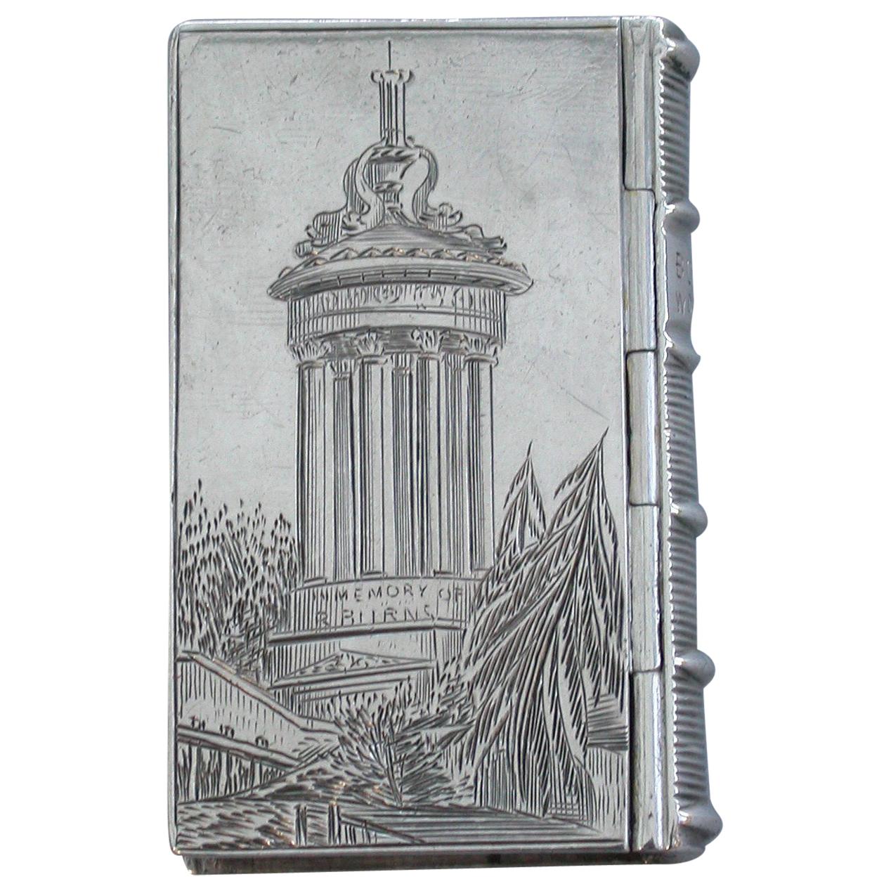 Victorian Silver Book Form Castle-Top Vinaigrette, Burns Monument, 1843 For Sale