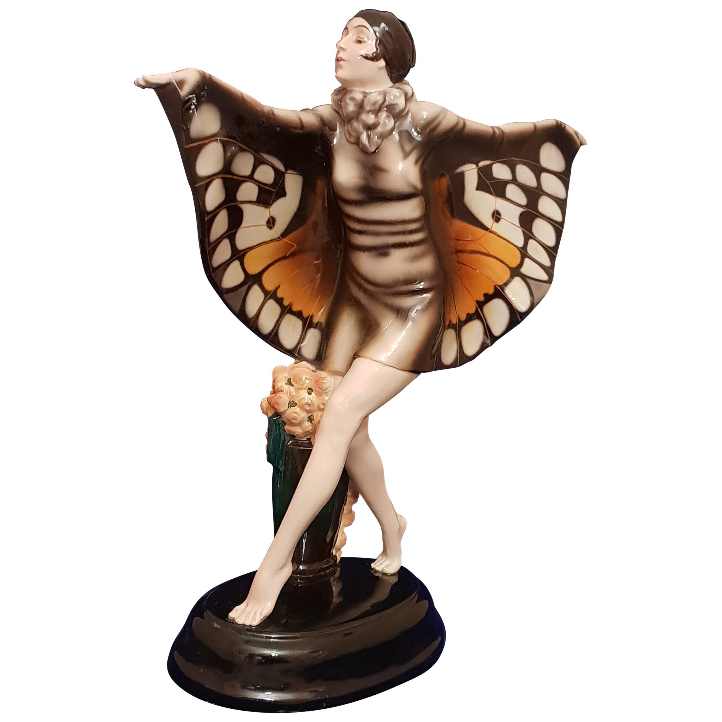 Lorenzl Josef, Goldscheider, Art Deco Butterfly Dancer Sculpture Ceramic, 1922