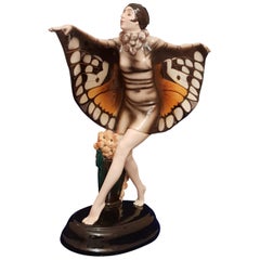  Lorenzl Josef, Goldscheider, Art Deco Butterfly Dancer Sculpture Ceramic, 1922