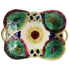 English Victorian Sunflower Majolica Handled Platter, circa 1880