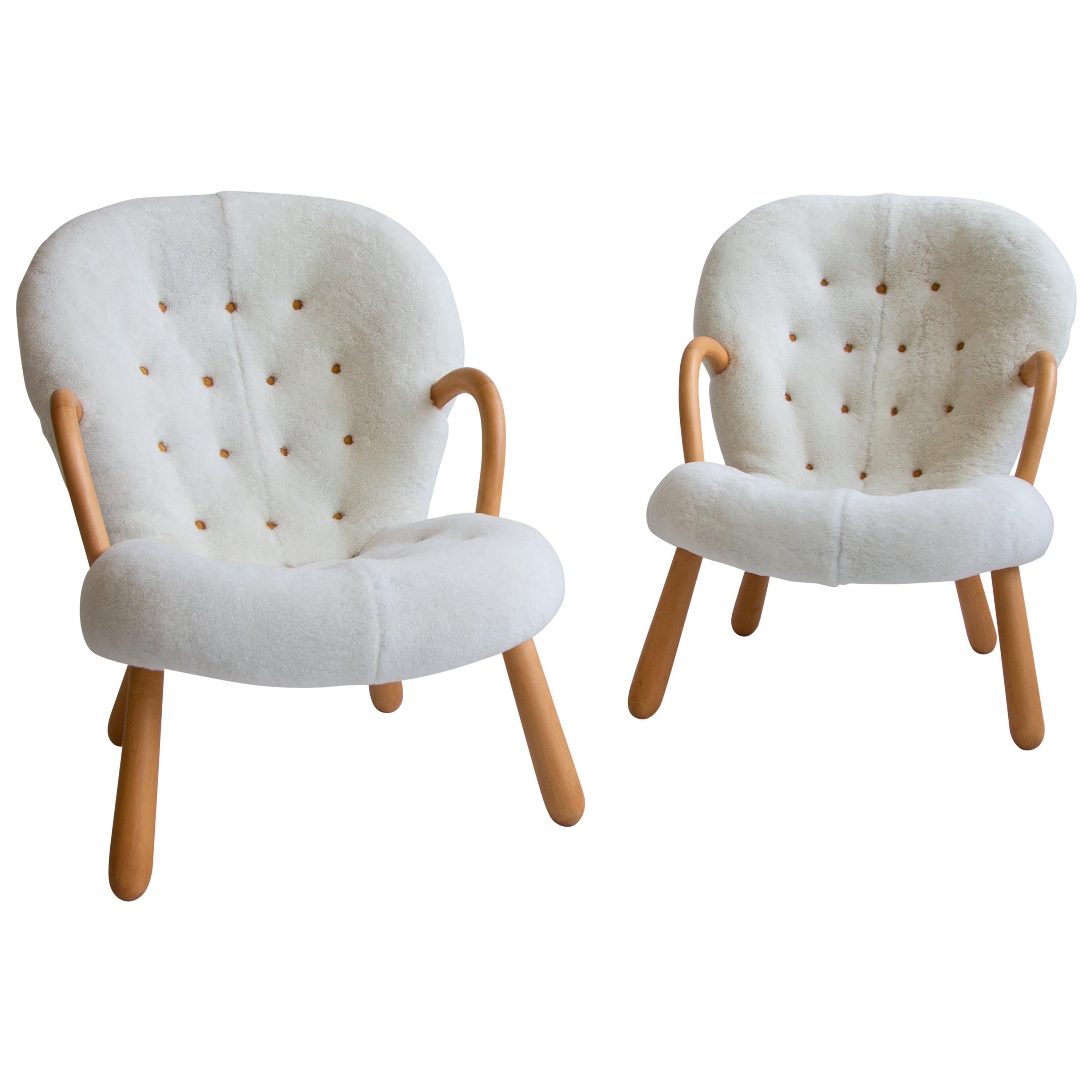 Pair of Philip Arctander Clam Chairs in Shearling, Mid-Century, Scandinavian