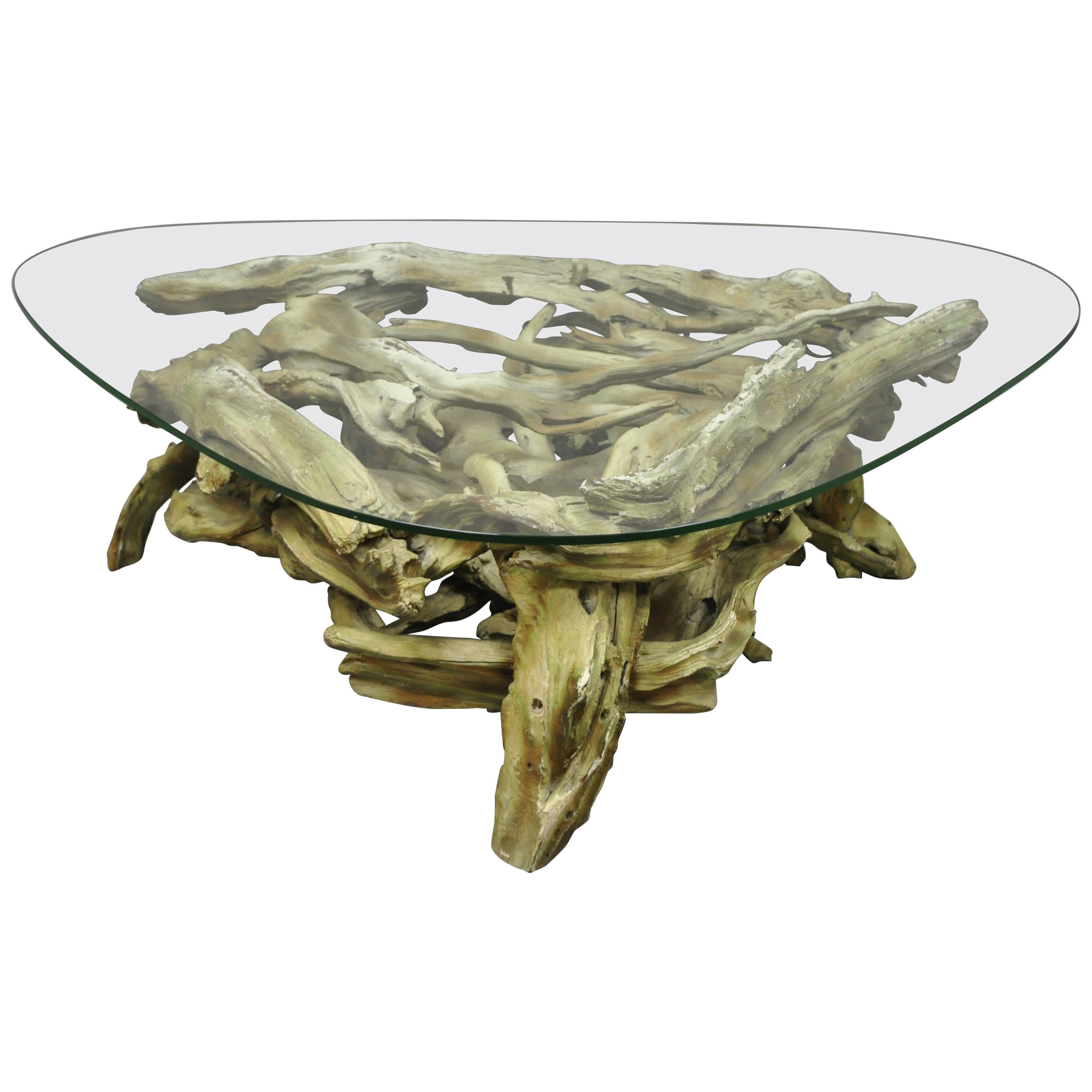 Sculptural Driftwood Mid-Century Modern Coffee Table with Glass Top