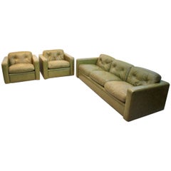 Unique 3-piece Seating group by Poltrona Frau in Olive green leather, Italy 1970