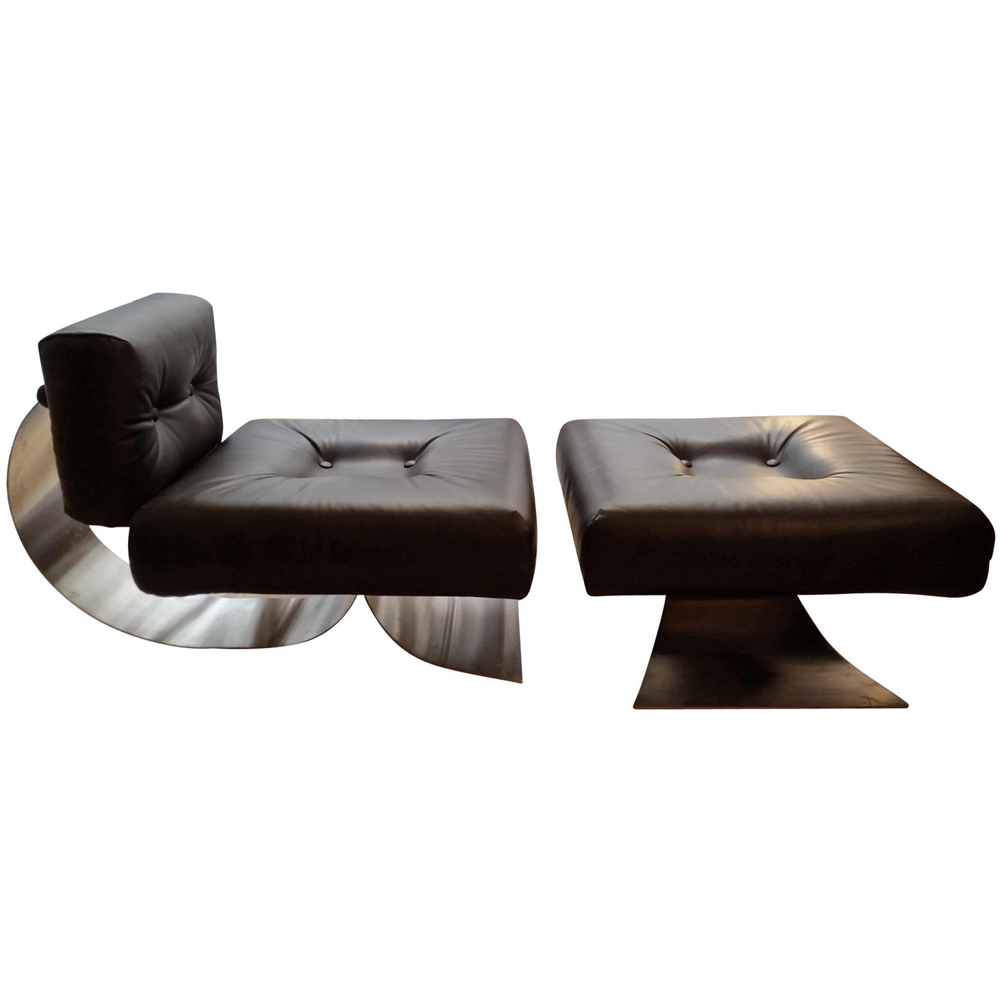 Oscar Niemeyer Dark Brown Armchair and Ottoman "Brazilia ON1" Model 