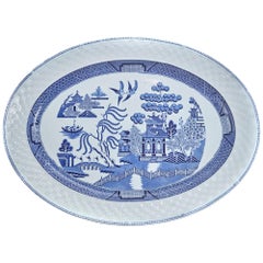 Large Vintage Chinese Blue and White Willow Pattern Meat Platter