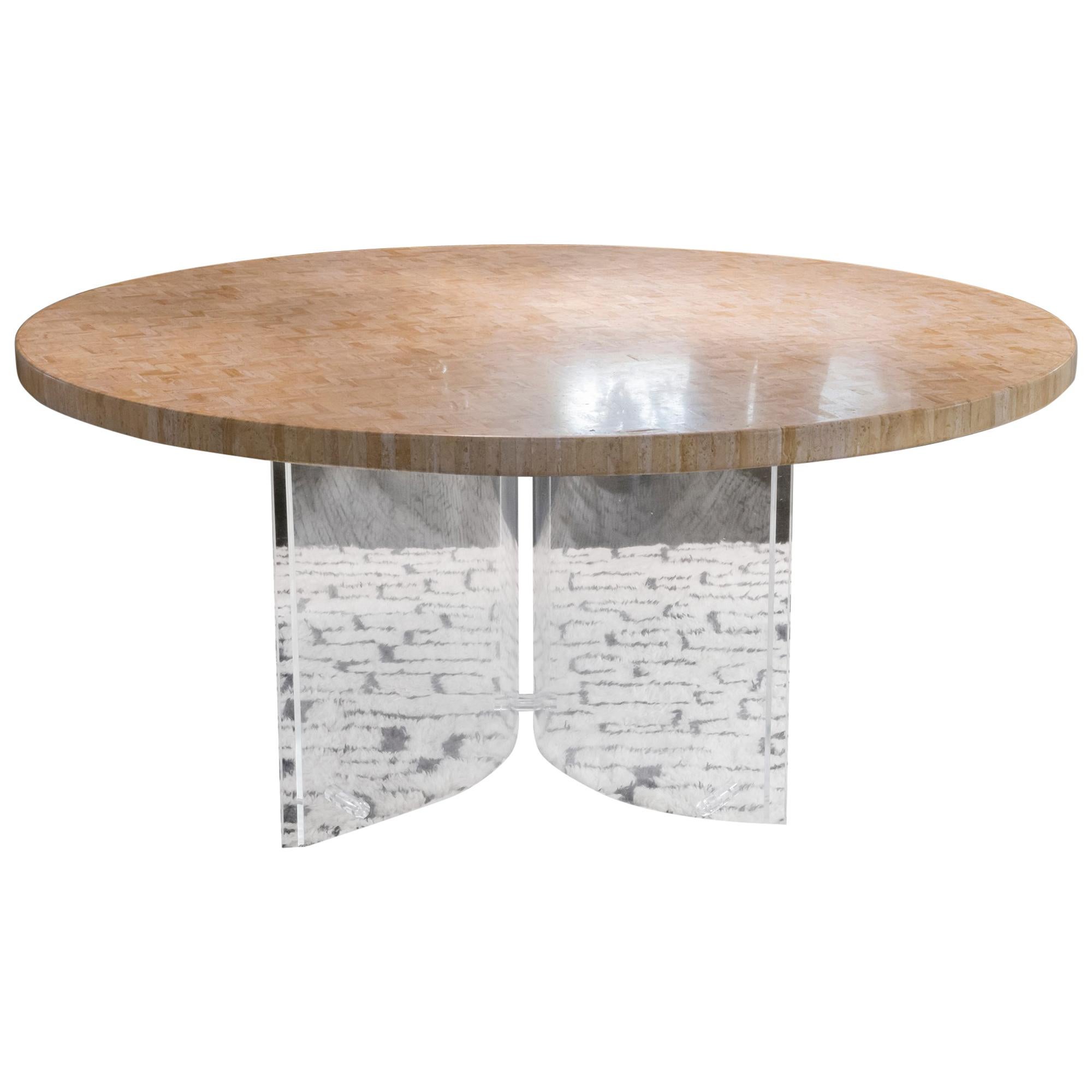 1970s French Round Dining Table, Travertine Tiles Round Top and Plexiglass Base