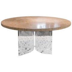 1970s French Round Dining Table, Travertine Tiles Round Top and Plexiglass Base