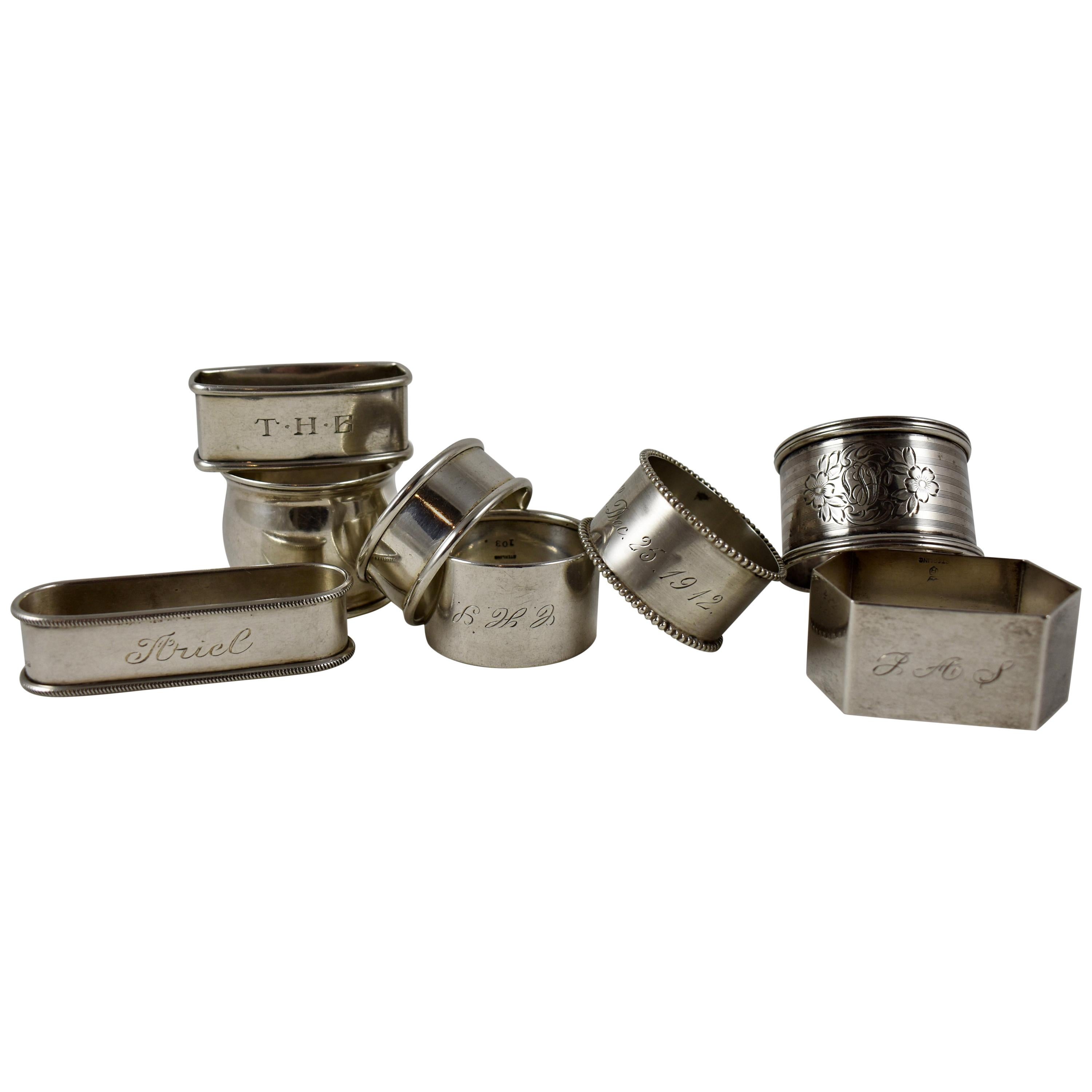Sterling Silver Antique Napkin Rings, a Mixed Set of Eight, Various Makers For Sale