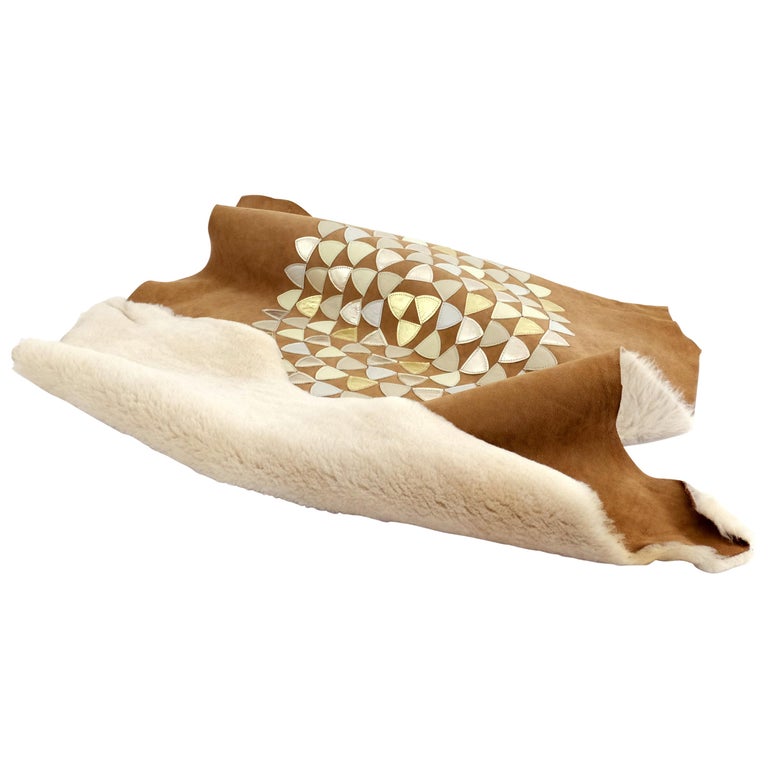 Sheepskin Throw by Moses Nadel in Natural Cream With Leather Mandala Appliqué For Sale