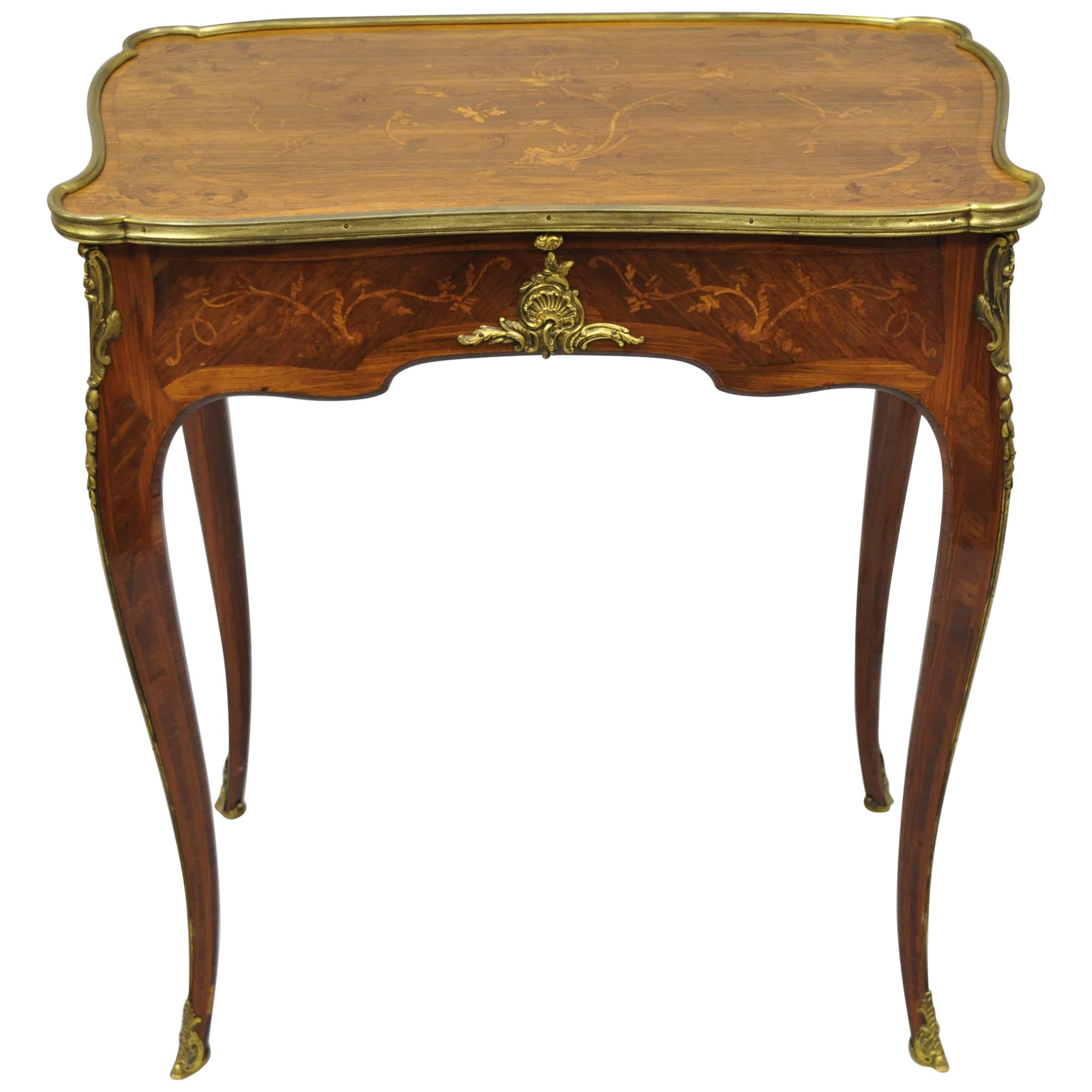 French Louis XV 2-Drawer Inlaid Table & Green Leather by C. Mellier & Co London For Sale