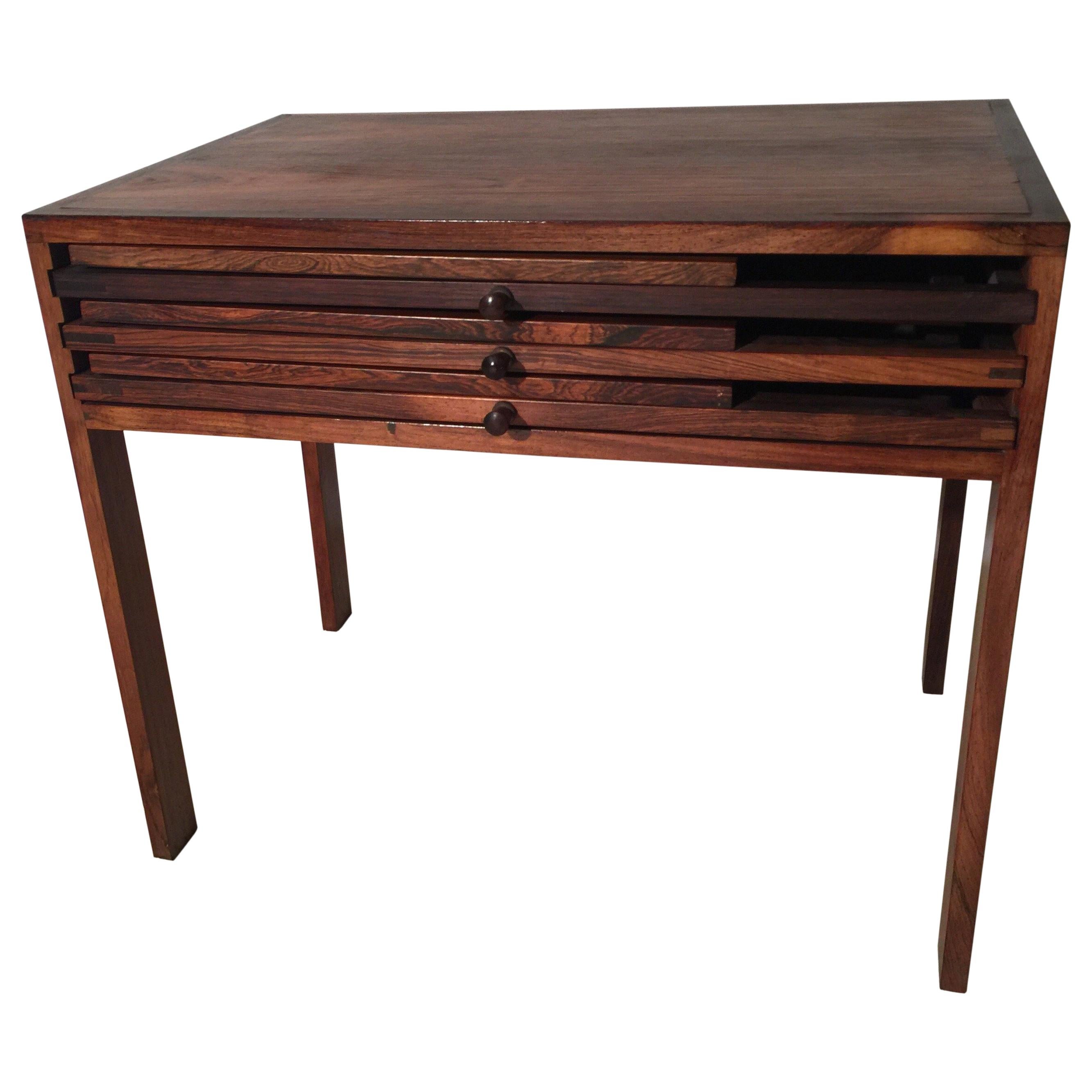 Set of Three Rosewood Folding Tables Stored in End Table by Illum Wikkelsø