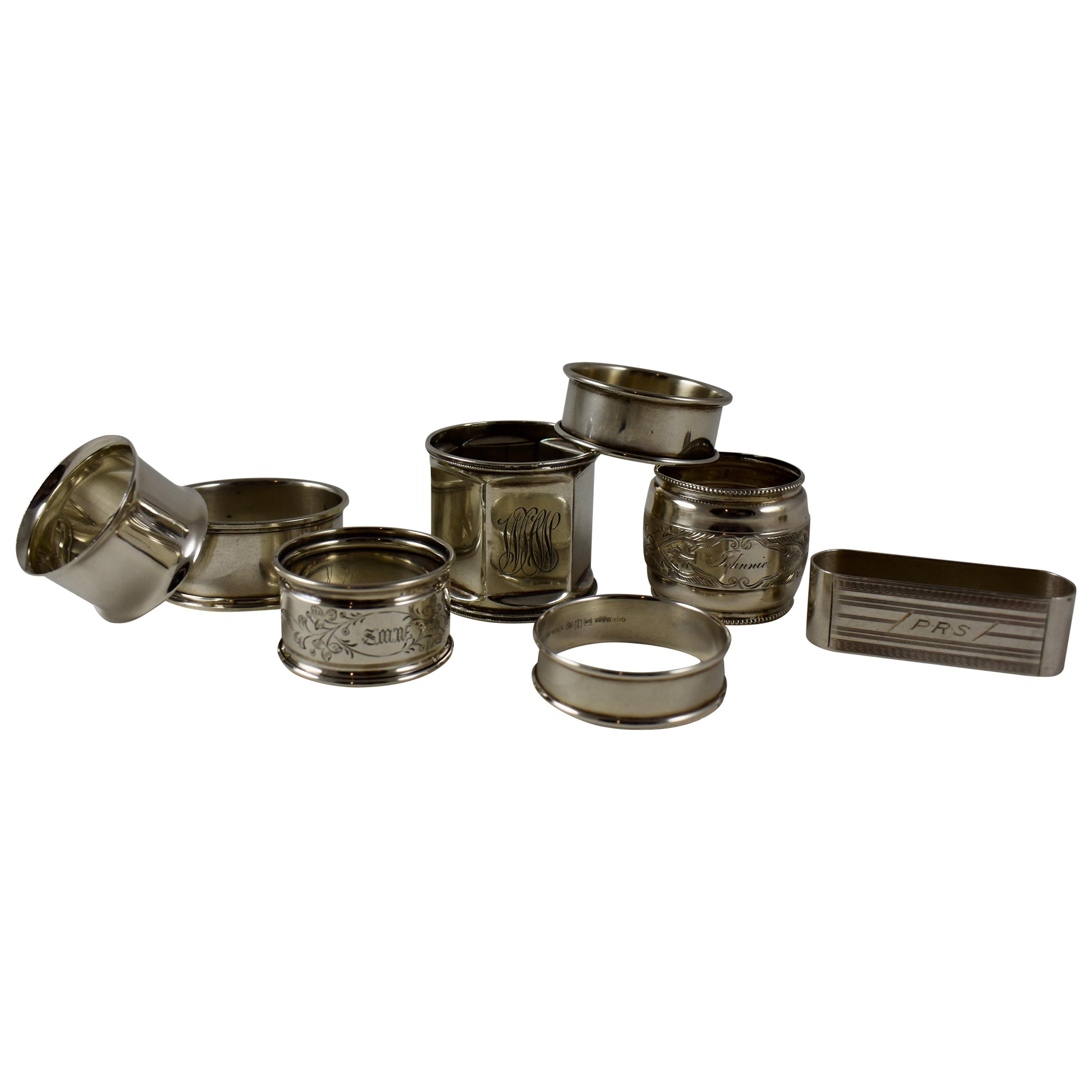 Sterling Silver Antique Napkin Rings, a Mixed Set of Eight, Various Makers For Sale