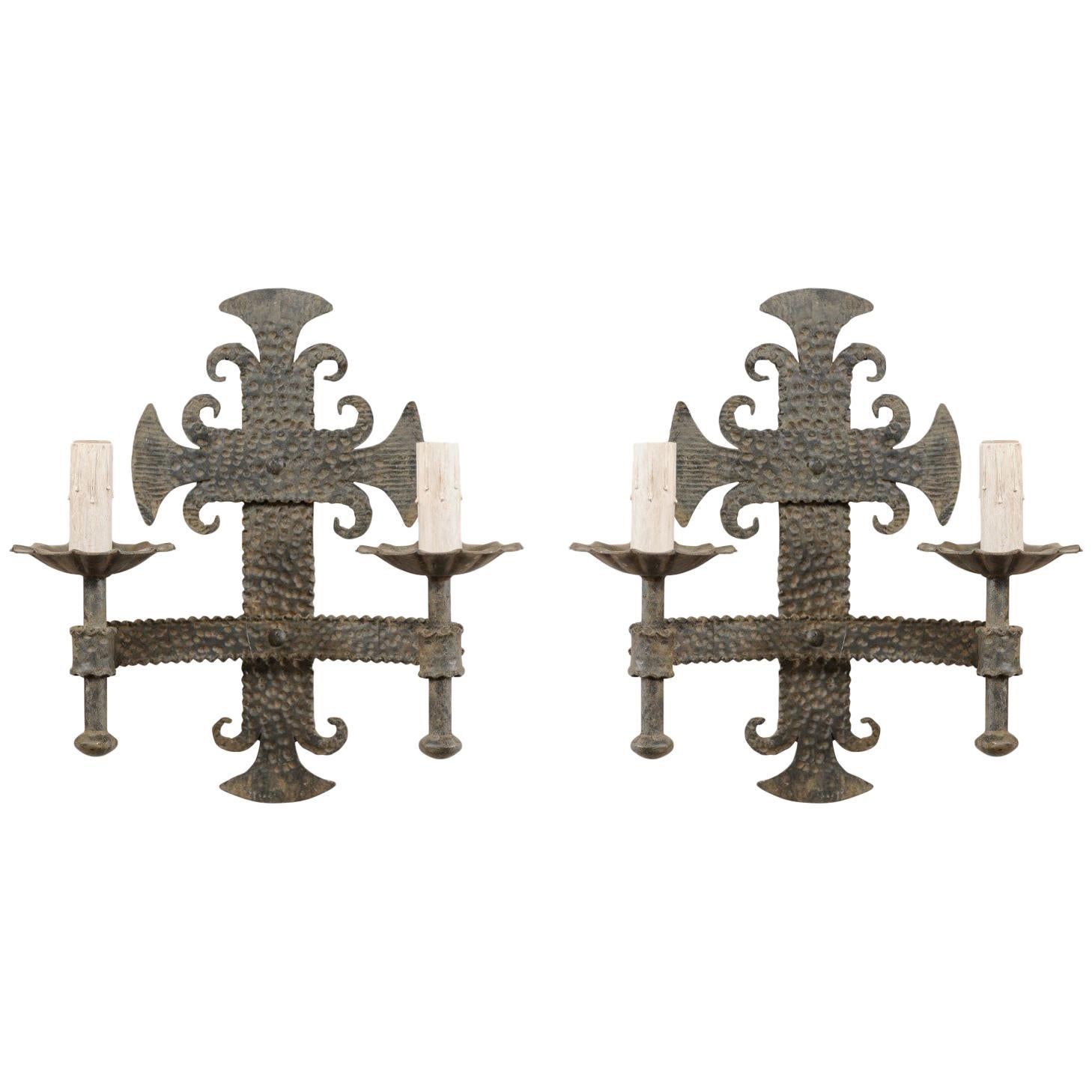 Pair of French Two-Light Iron Sconces with Fleur Des Lis Motifs For Sale