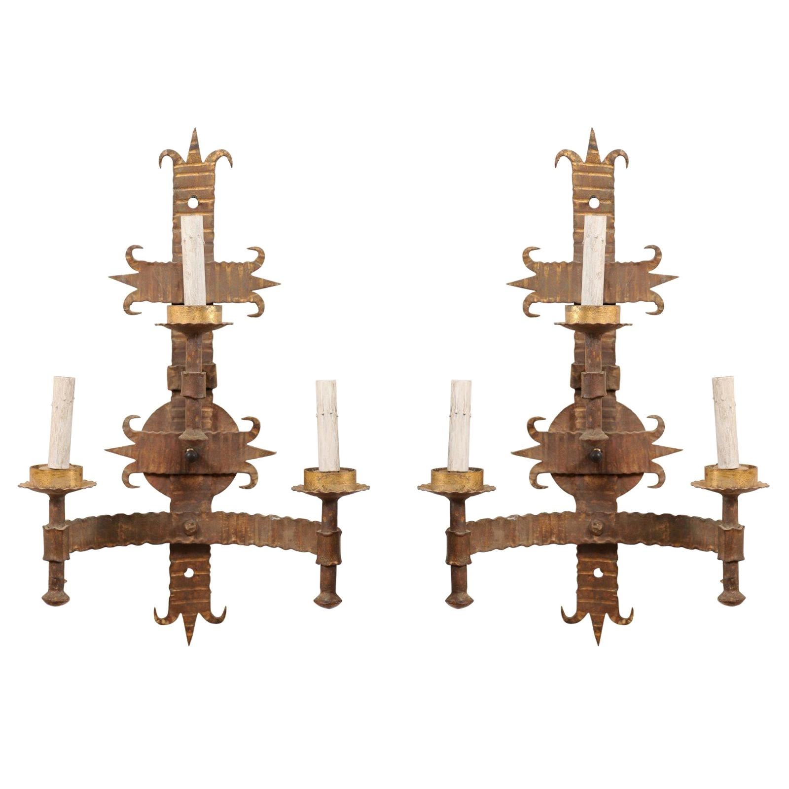 Pair of French Mid-20th Century Forged-Iron Gold Sconces with Fleur-de-Lis Motif
