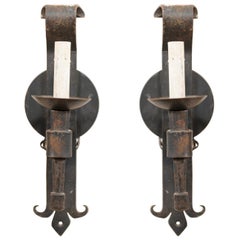Pair of French Single-Light Fleur-de-Lys Iron Sconces from the Mid-20th Century