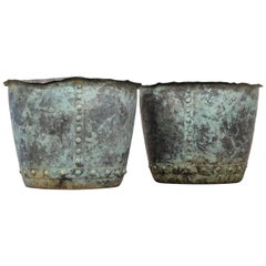 19th Century English Riveted Verdigris Patina Copper Planters or Log Basket Pair