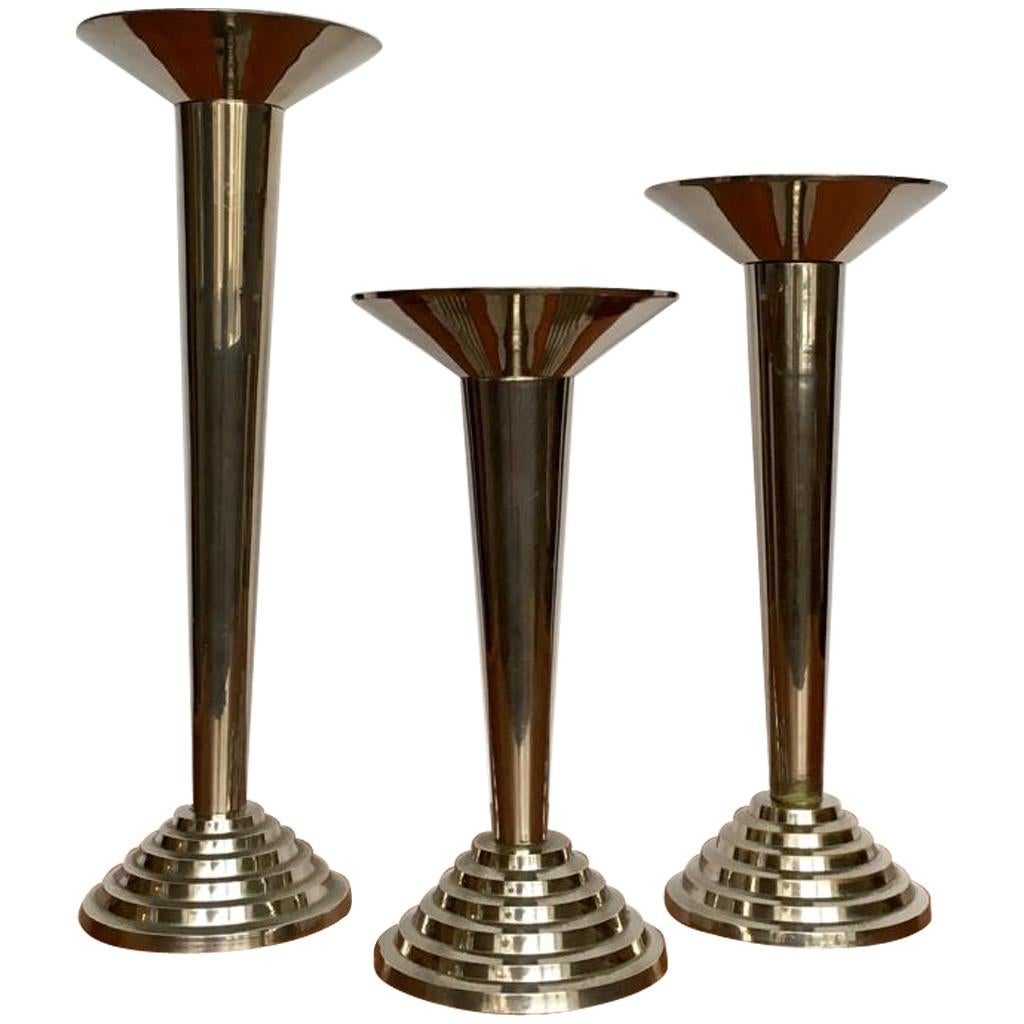 Art Deco German Steel Candle Holders, Set of 3 For Sale