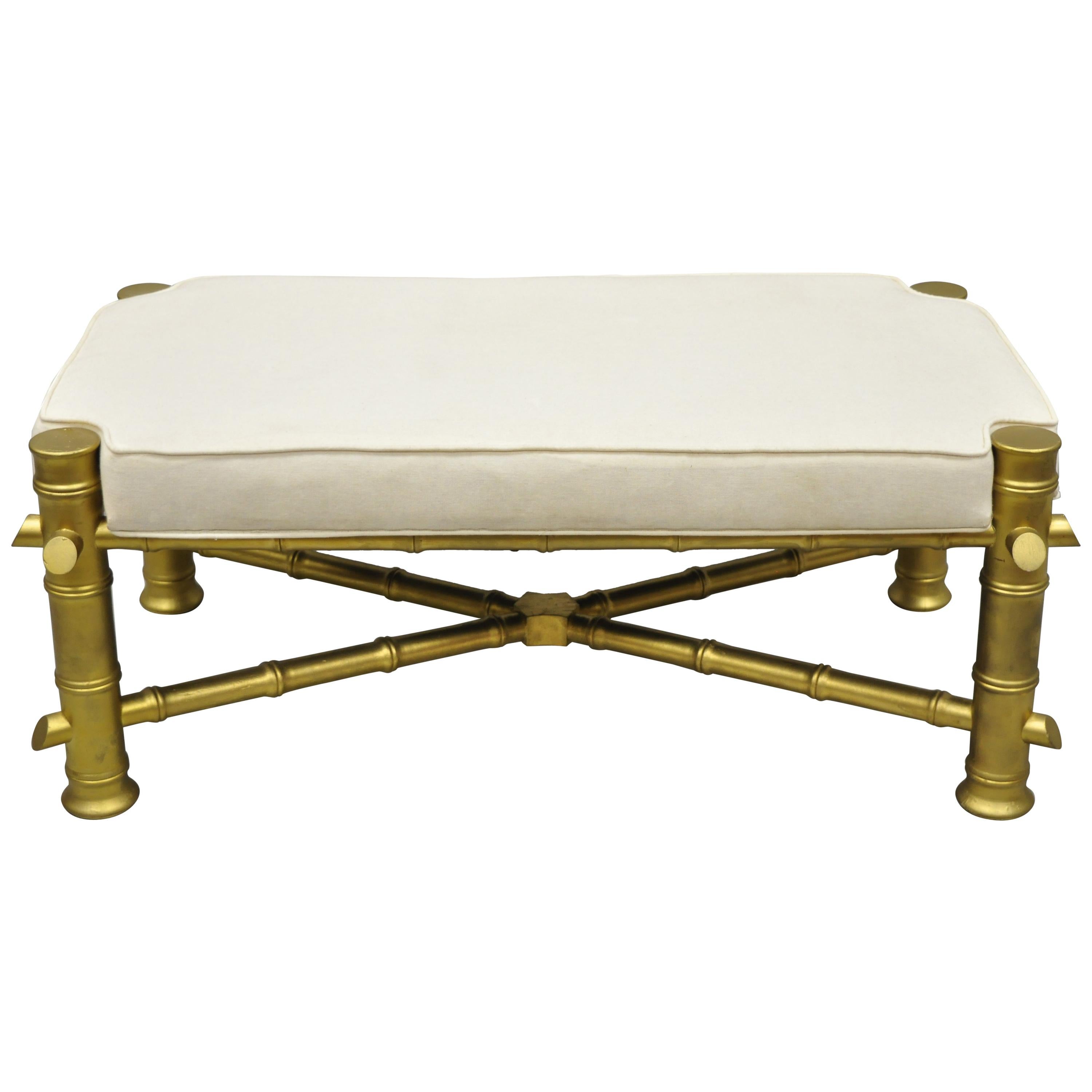 Vintage Gold Faux Bamboo Chinese Chippendale Style Upholstered X-Frame Bench For Sale
